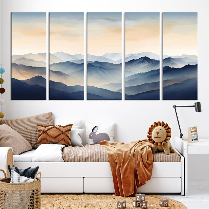 Blue Sky and Sunst Canvas Wall Art Print, Mountain Landscape Painting Set of , Modern Neutral Wall Decor