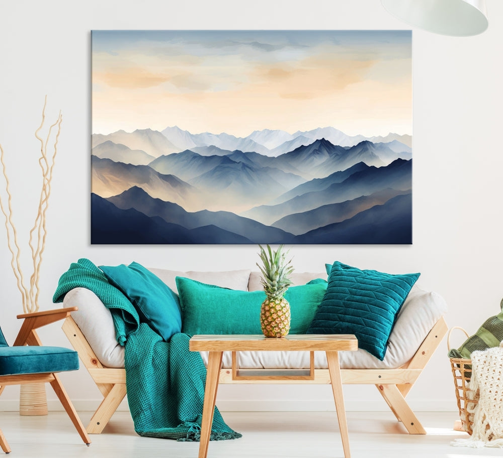 Blue Sky and Sunst Canvas Wall Art Print, Mountain Landscape Painting Set of , Modern Neutral Wall Decor