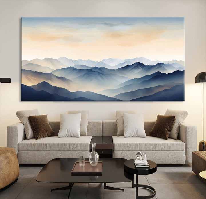 Blue Sky and Sunst Canvas Wall Art Print, Mountain Landscape Painting Set of , Modern Neutral Wall Decor