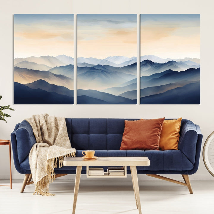 Blue Sky and Sunst Canvas Wall Art Print, Mountain Landscape Painting Set of , Modern Neutral Wall Decor