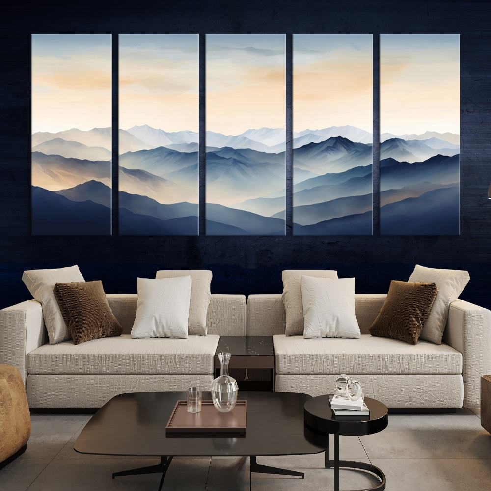 Blue Sky and Sunst Canvas Wall Art Print, Mountain Landscape Painting Set of , Modern Neutral Wall Decor