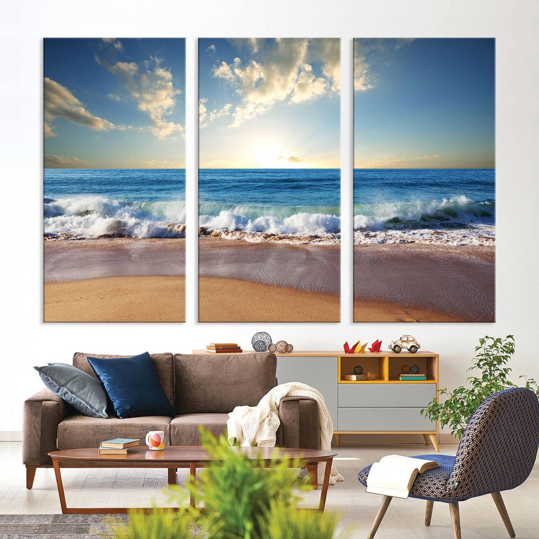 Blue Sky Wave on the Ocean Beach Wall Art Canvas Print