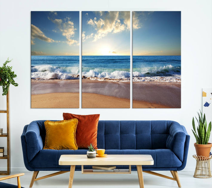 Blue Sky Wave on the Ocean Beach Wall Art Canvas Print