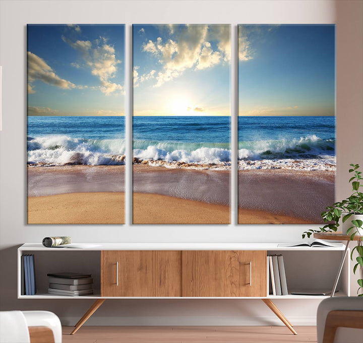 Blue Sky Wave on the Ocean Beach Wall Art Canvas Print