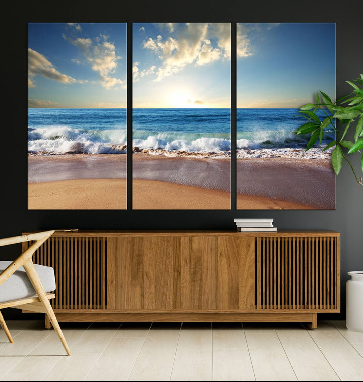 Blue Sky Wave on the Ocean Beach Wall Art Canvas Print