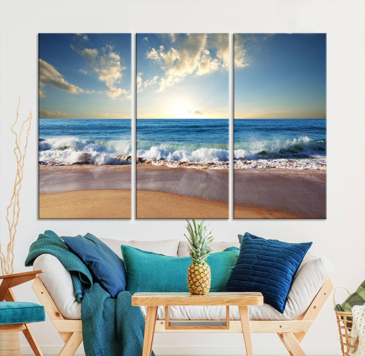 Blue Sky Wave on the Ocean Beach Wall Art Canvas Print