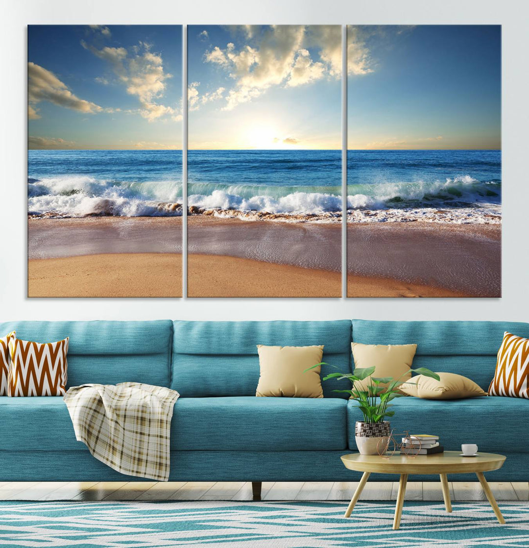 Blue Sky Wave on the Ocean Beach Wall Art Canvas Print