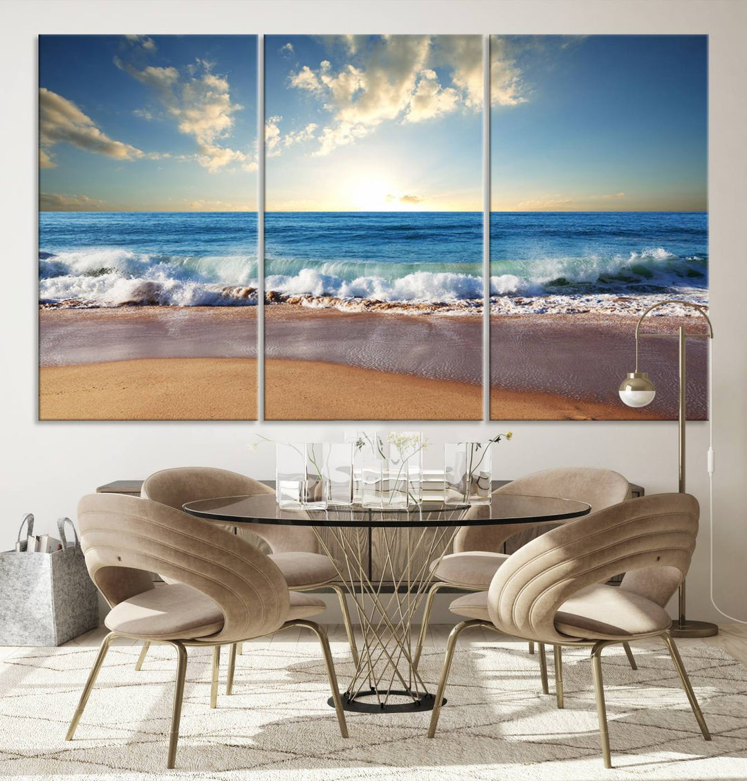 Blue Sky Wave on the Ocean Beach Wall Art Canvas Print