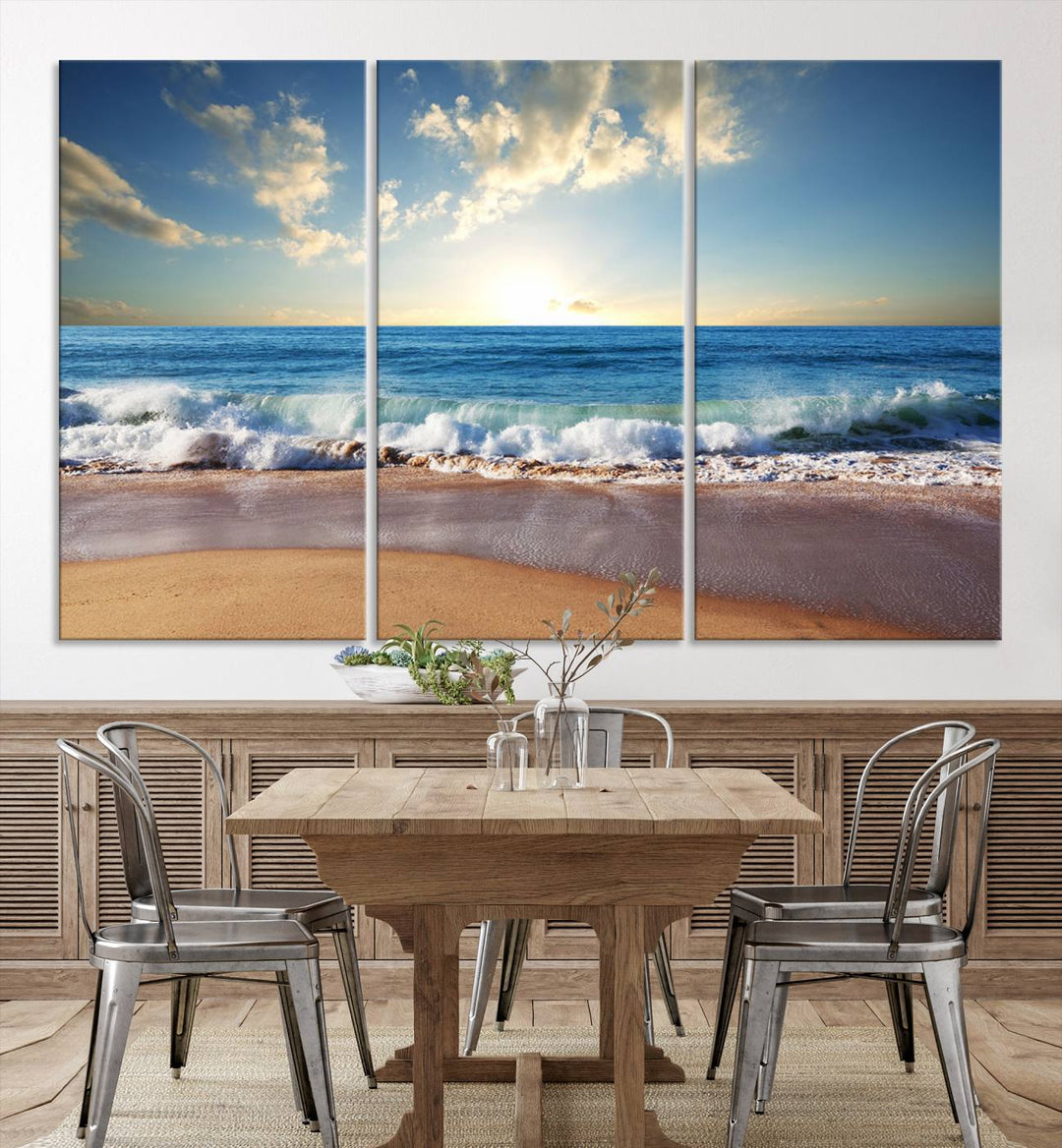 Blue Sky Wave on the Ocean Beach Wall Art Canvas Print