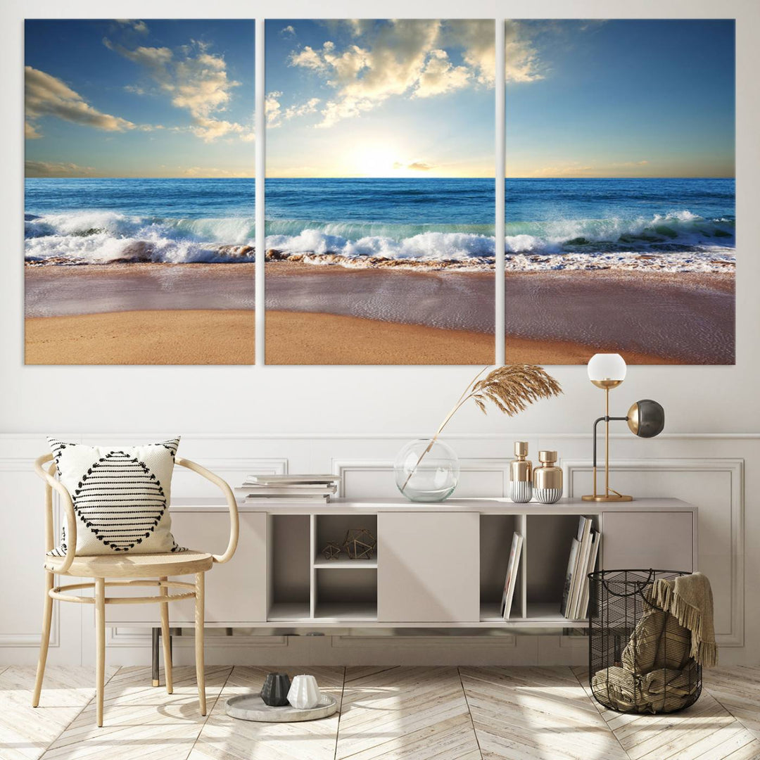 Blue Sky Wave on the Ocean Beach Wall Art Canvas Print