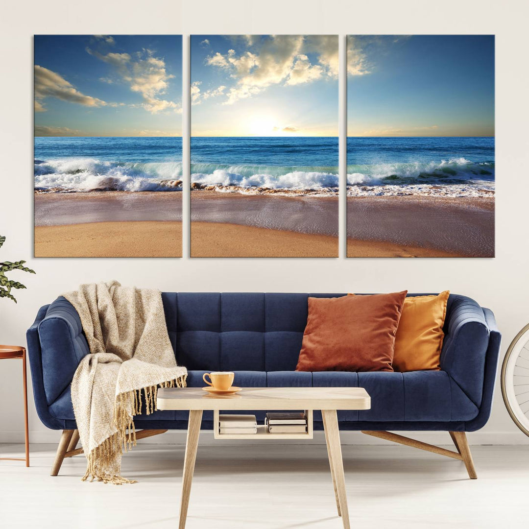 Blue Sky Wave on the Ocean Beach Wall Art Canvas Print