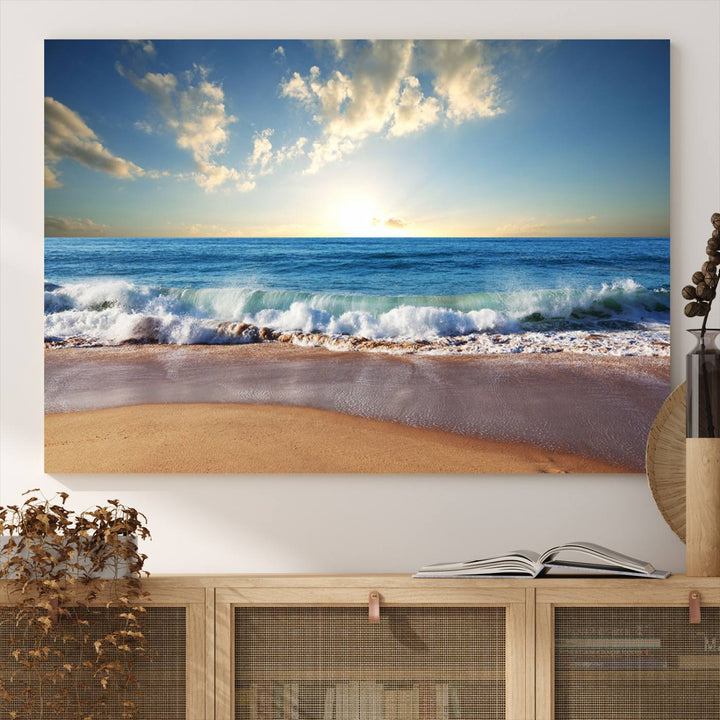 Blue Sky Wave on the Ocean Beach Wall Art Canvas Print