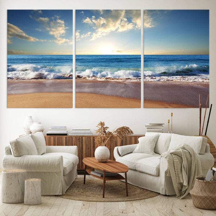 Blue Sky Wave on the Ocean Beach Wall Art Canvas Print