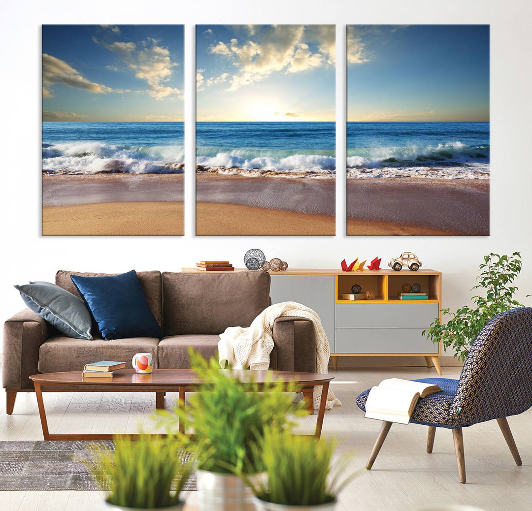 Blue Sky Wave on the Ocean Beach Wall Art Canvas Print