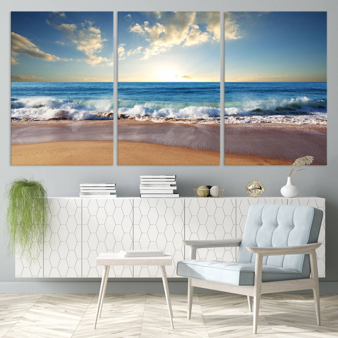 Blue Sky Wave on the Ocean Beach Wall Art Canvas Print