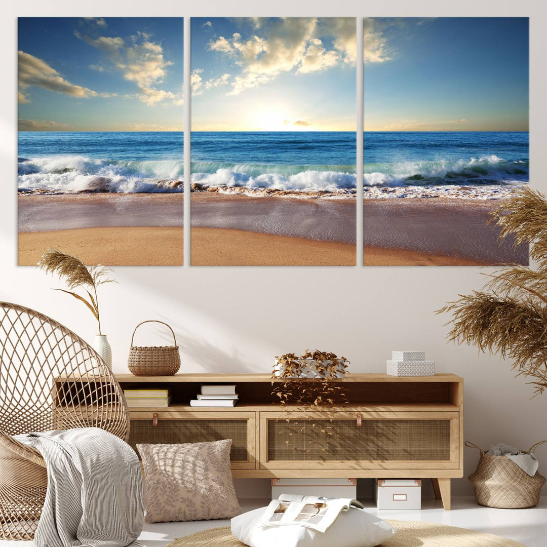 Blue Sky Wave on the Ocean Beach Wall Art Canvas Print