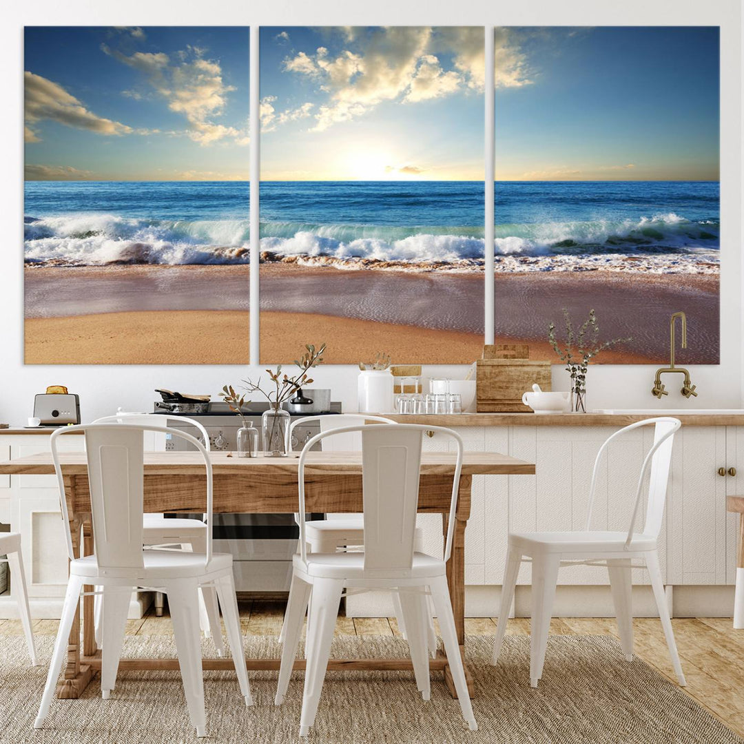 Blue Sky Wave on the Ocean Beach Wall Art Canvas Print