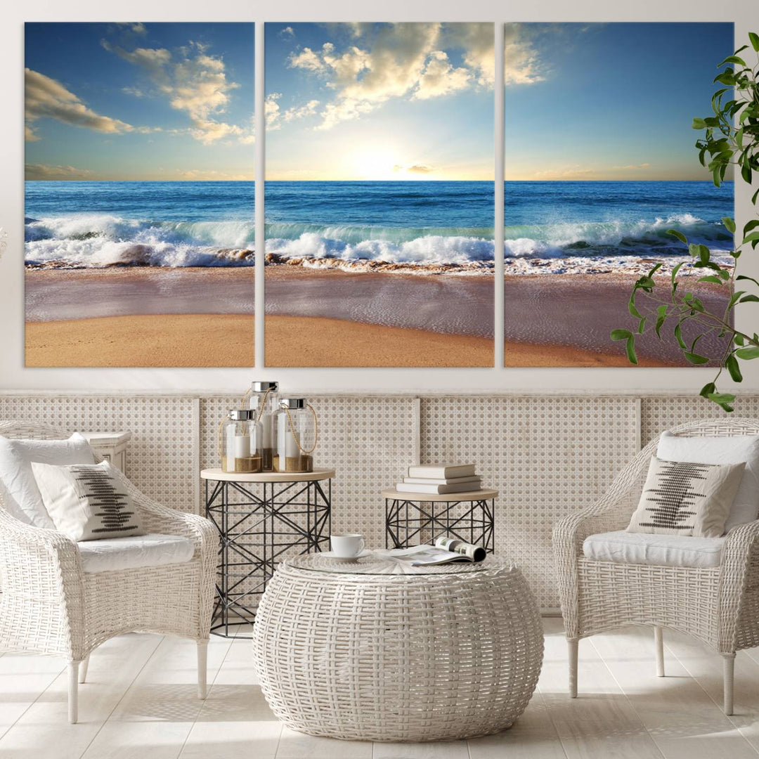 Blue Sky Wave on the Ocean Beach Wall Art Canvas Print