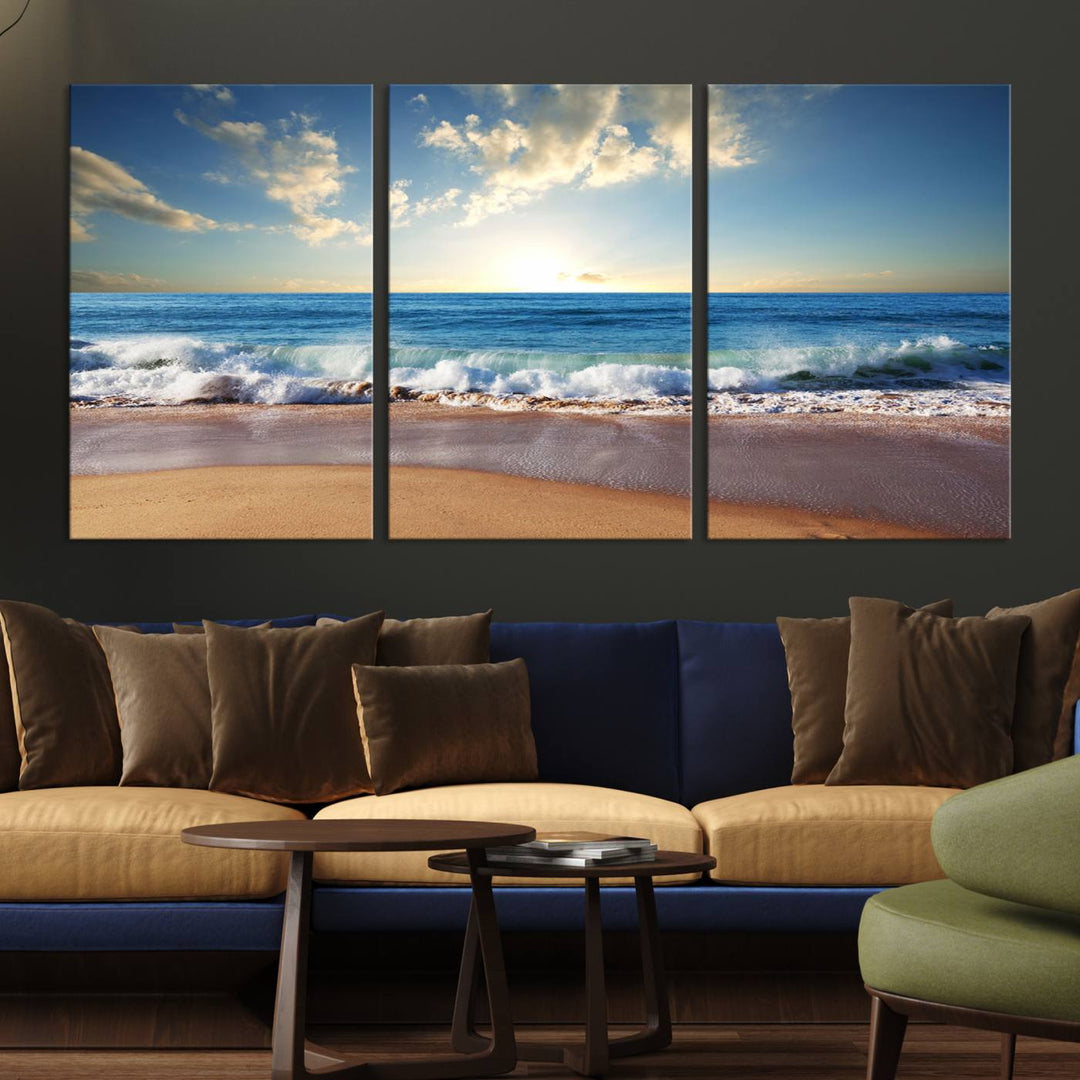 Blue Sky Wave on the Ocean Beach Wall Art Canvas Print