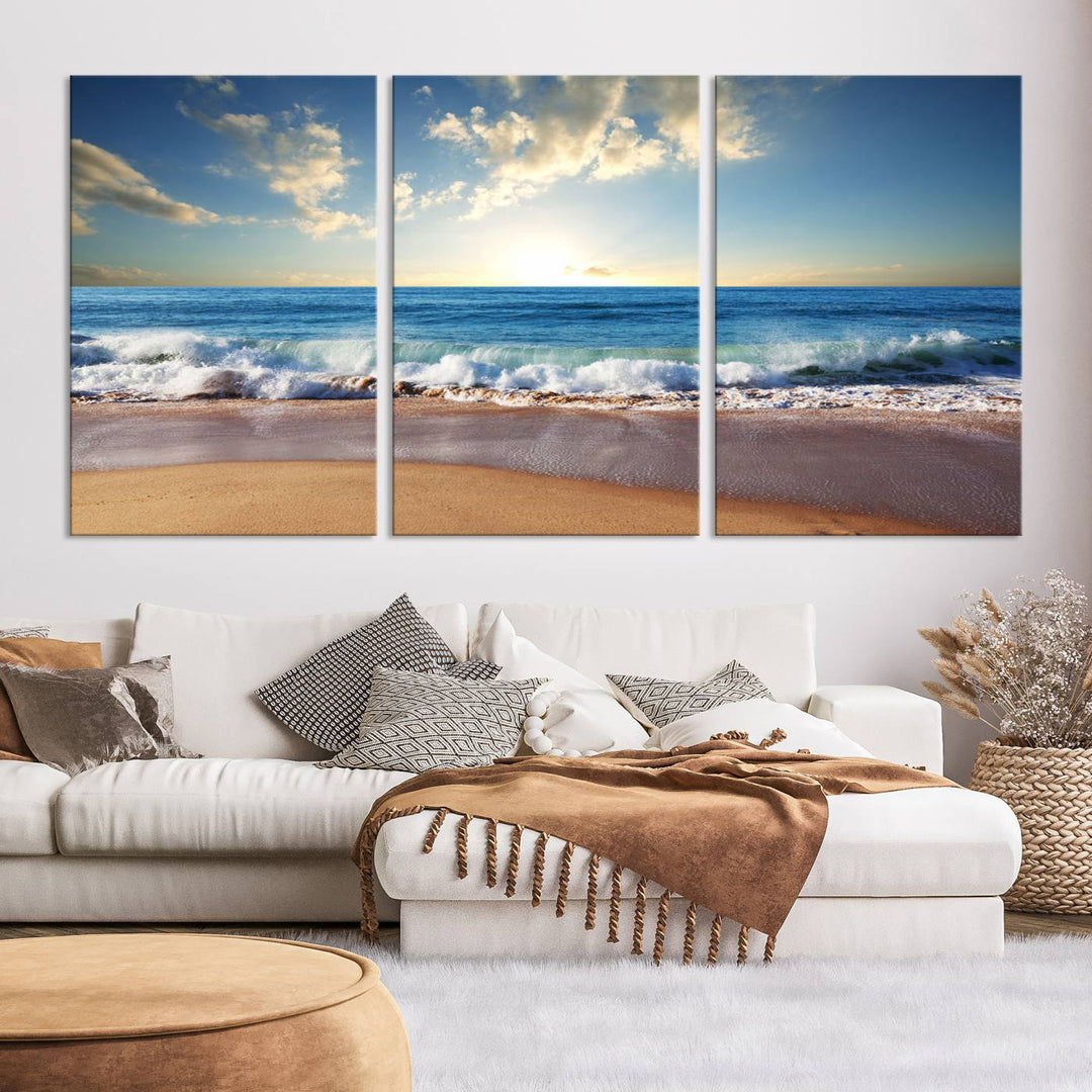 Blue Sky Wave on the Ocean Beach Wall Art Canvas Print