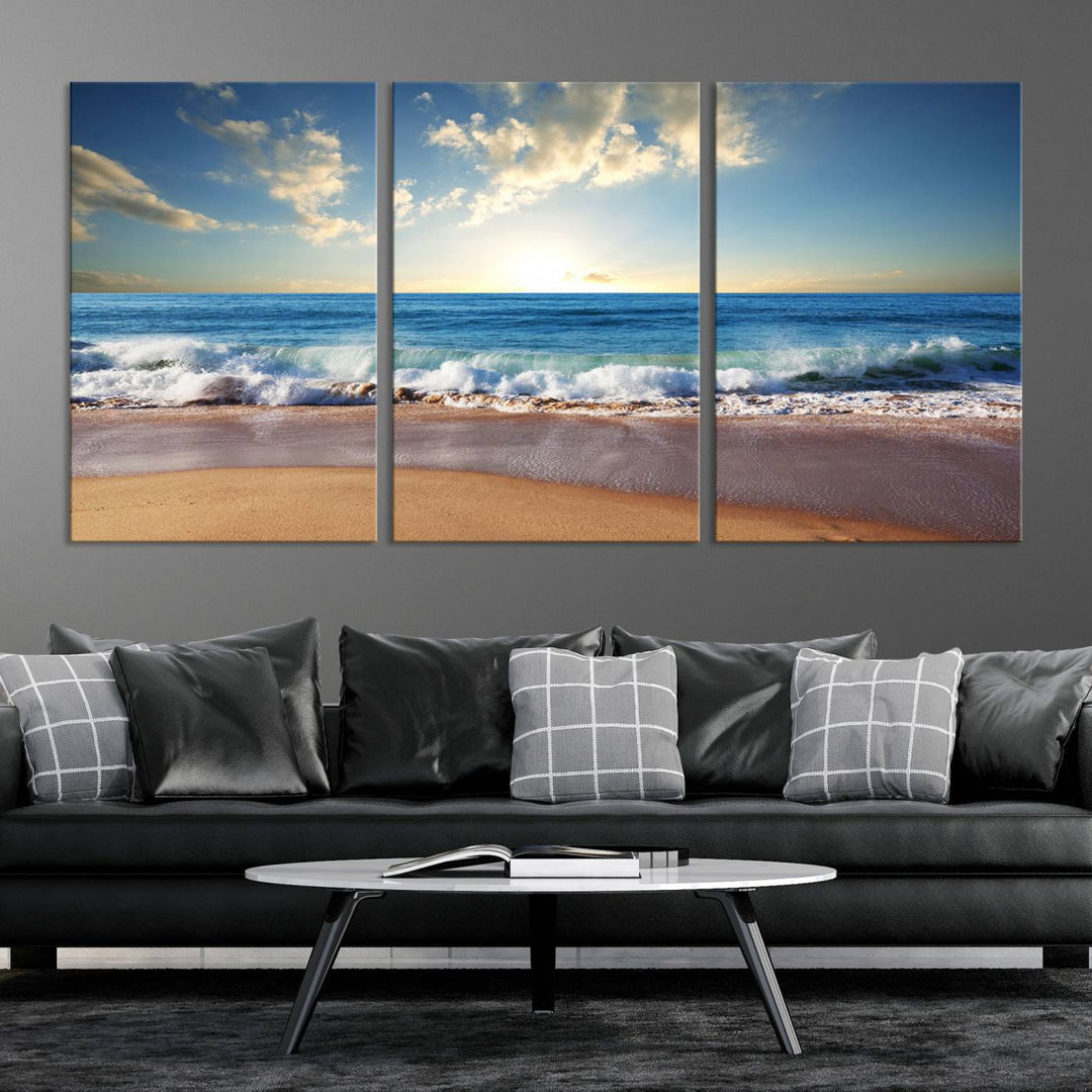 Blue Sky Wave on the Ocean Beach Wall Art Canvas Print