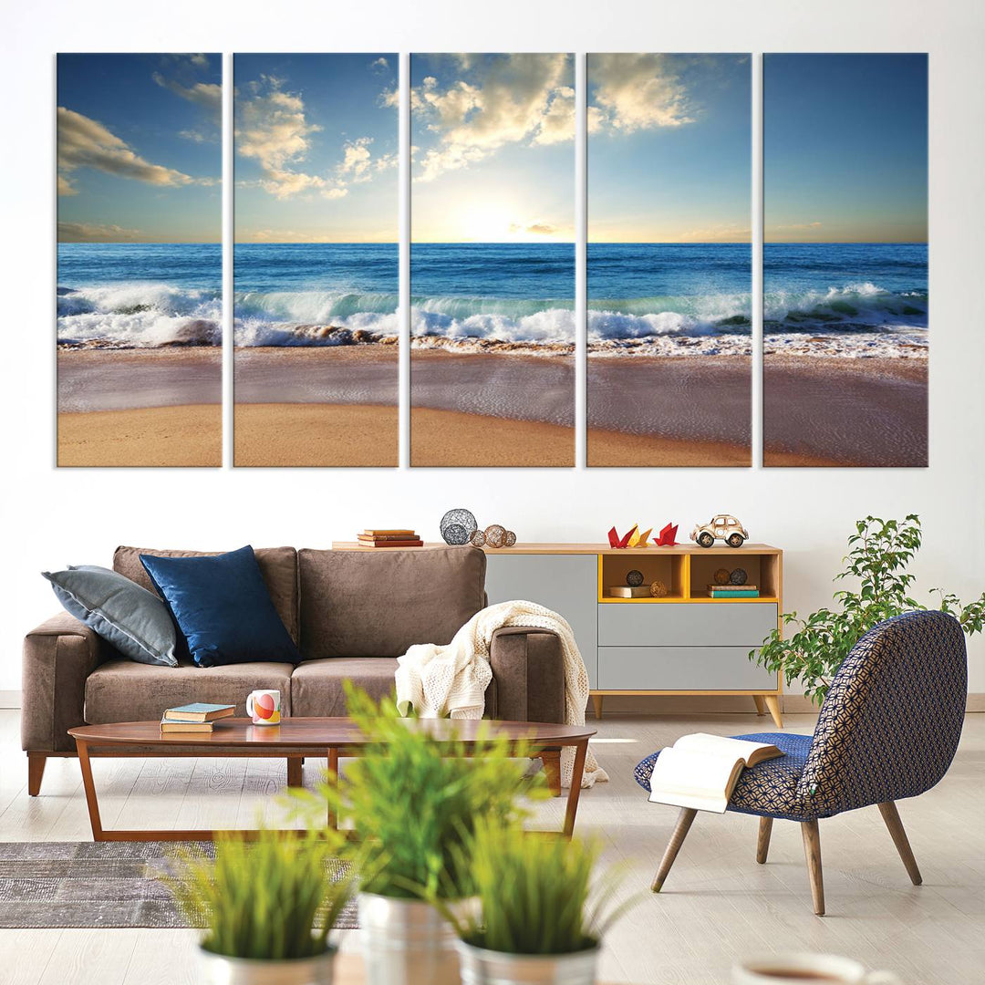 Blue Sky Wave on the Ocean Beach Wall Art Canvas Print