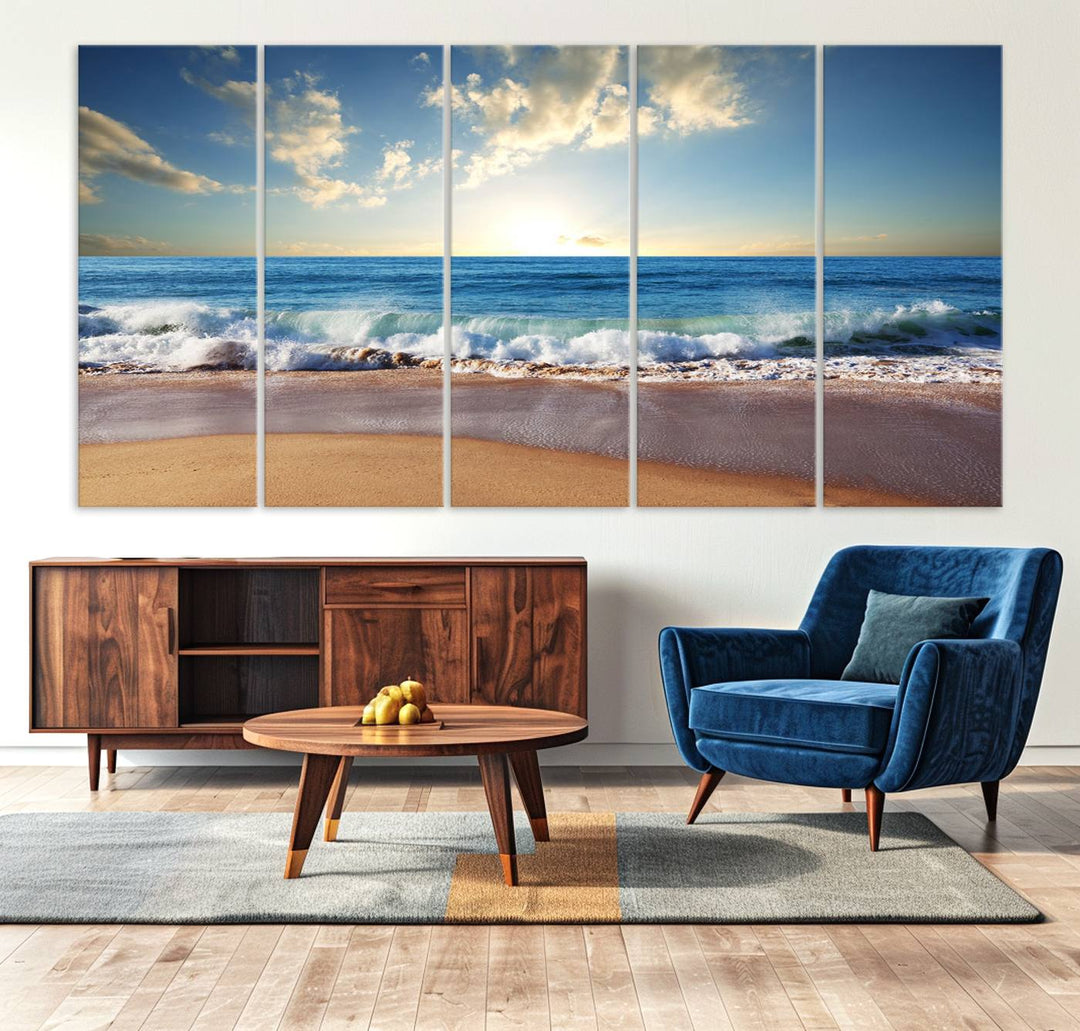 Blue Sky Wave on the Ocean Beach Wall Art Canvas Print