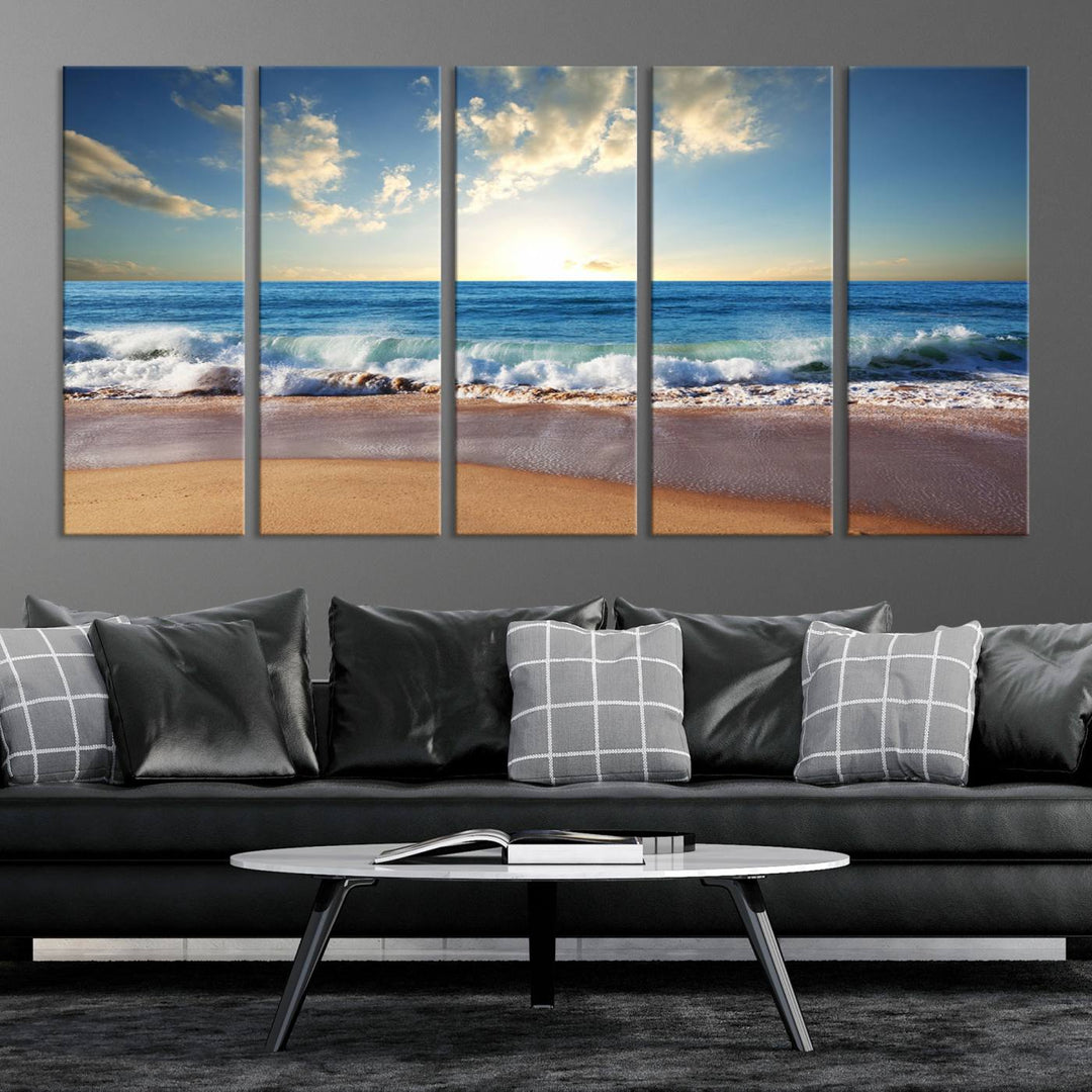 Blue Sky Wave on the Ocean Beach Wall Art Canvas Print