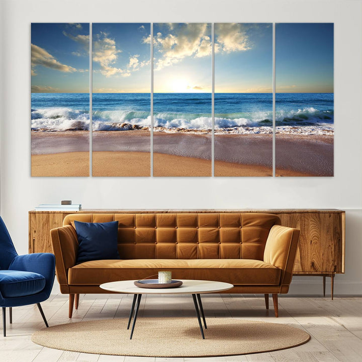 Blue Sky Wave on the Ocean Beach Wall Art Canvas Print