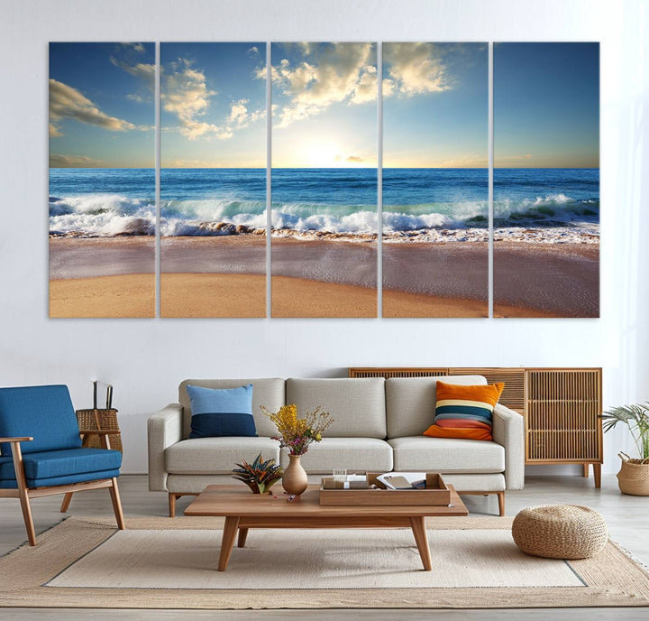 Blue Sky Wave on the Ocean Beach Wall Art Canvas Print