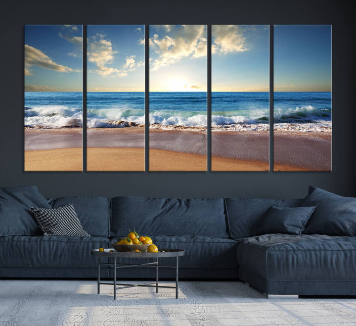 Blue Sky Wave on the Ocean Beach Wall Art Canvas Print