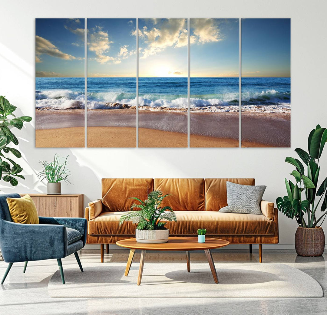 Blue Sky Wave on the Ocean Beach Wall Art Canvas Print