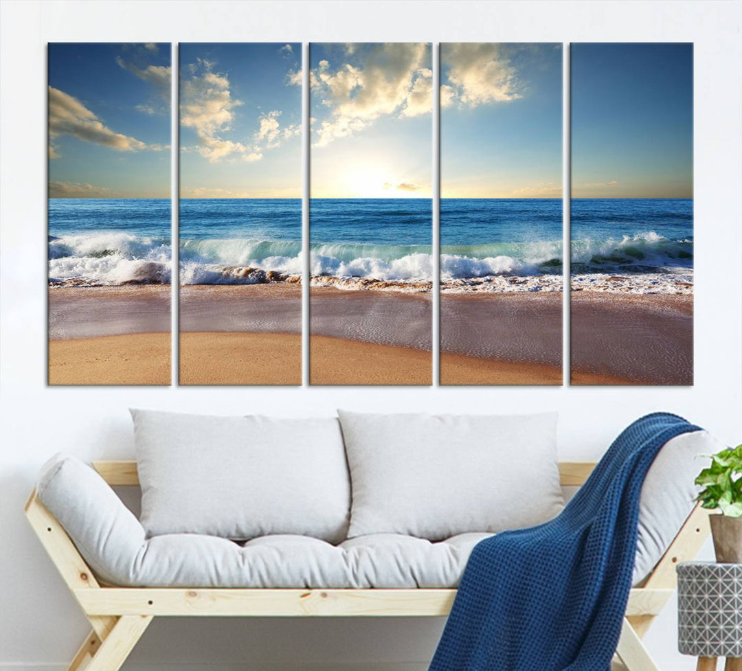 Blue Sky Wave on the Ocean Beach Wall Art Canvas Print