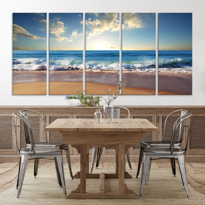 Blue Sky Wave on the Ocean Beach Wall Art Canvas Print