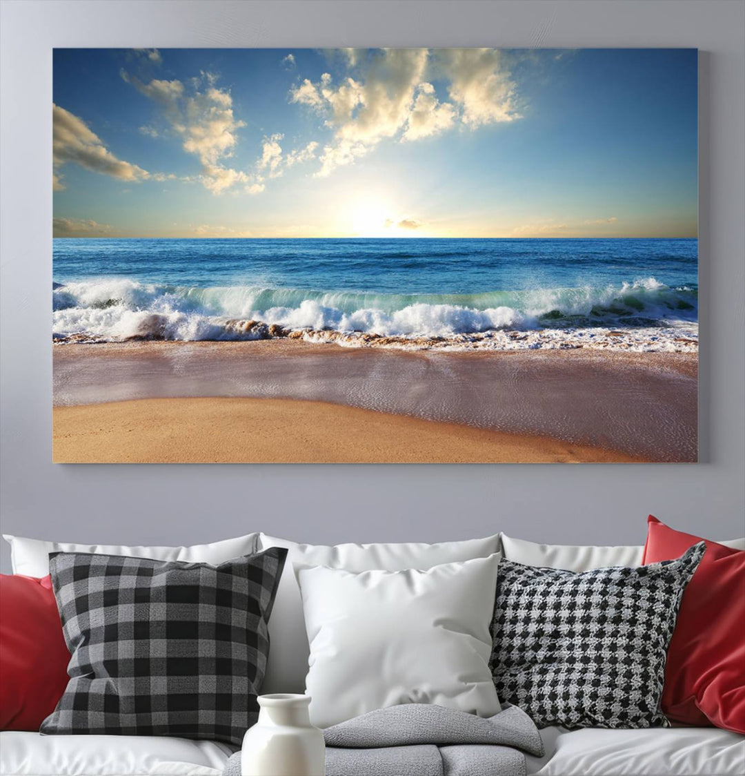 Blue Sky Wave on the Ocean Beach Wall Art Canvas Print