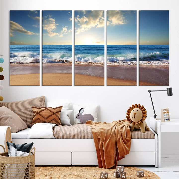 Blue Sky Wave on the Ocean Beach Wall Art Canvas Print