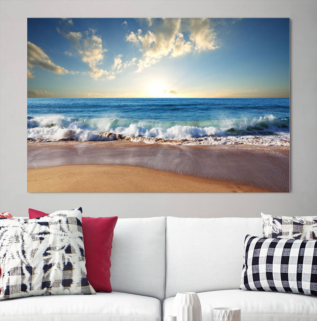 Blue Sky Wave on the Ocean Beach Wall Art Canvas Print