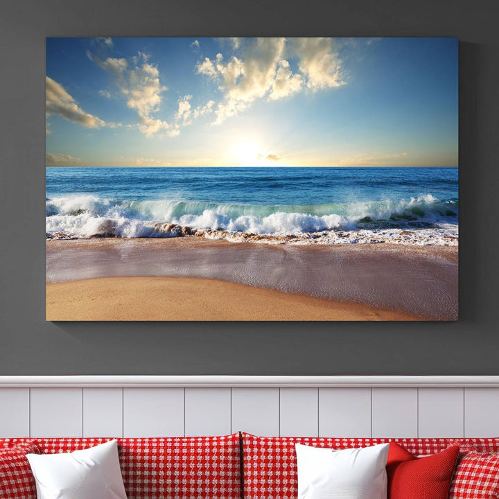 Blue Sky Wave on the Ocean Beach Wall Art Canvas Print