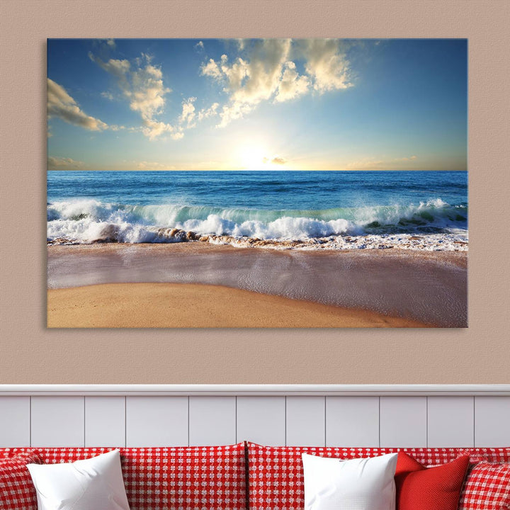 Blue Sky Wave on the Ocean Beach Wall Art Canvas Print