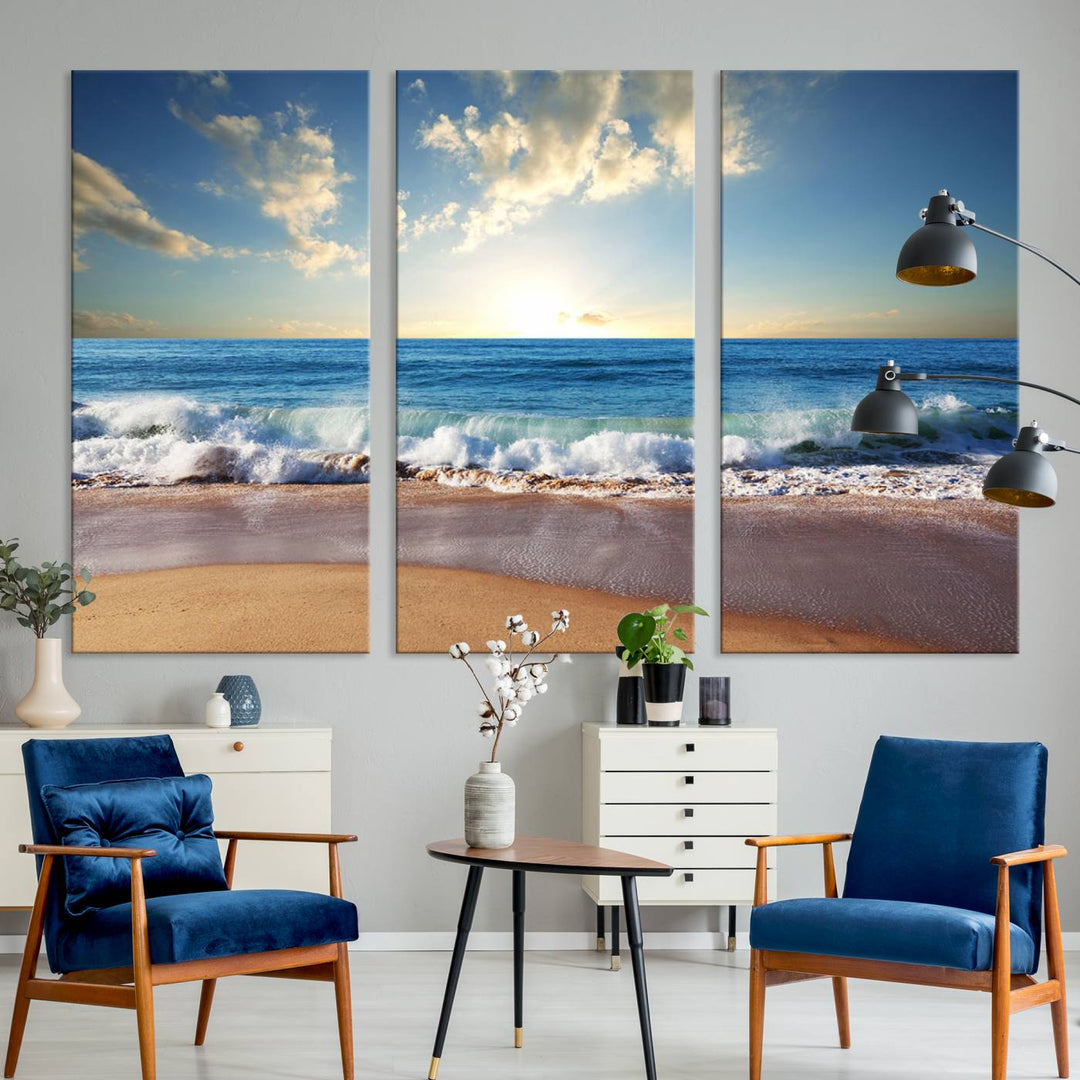 Blue Sky Wave on the Ocean Beach Wall Art Canvas Print