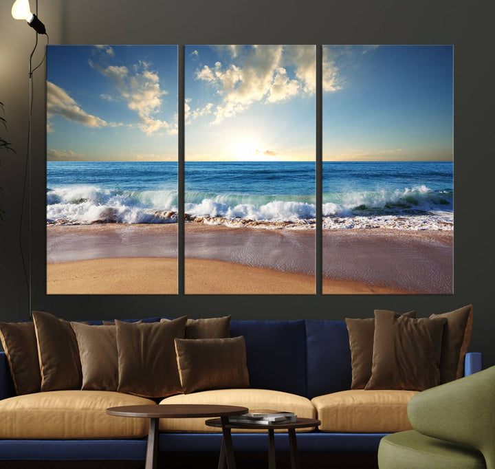 Blue Sky Wave on the Ocean Beach Wall Art Canvas Print