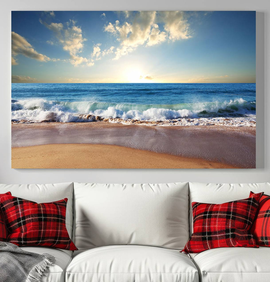 Blue Sky Wave on the Ocean Beach Wall Art Canvas Print