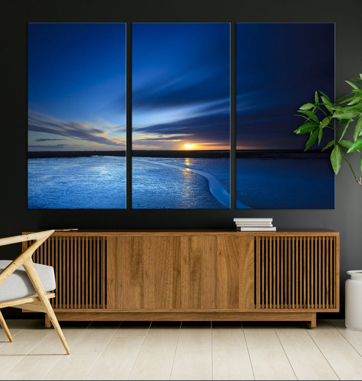 Blue Sunset over the Horizon Nautical Landscape Ocean Canvas Wall Art Print