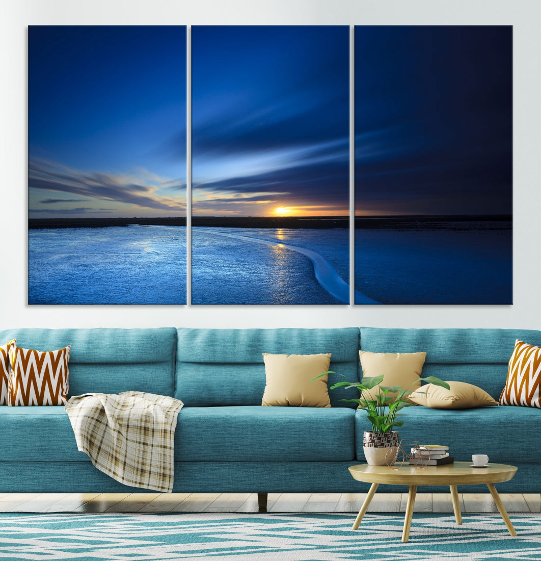 Blue Sunset over the Horizon Nautical Landscape Ocean Canvas Wall Art Print