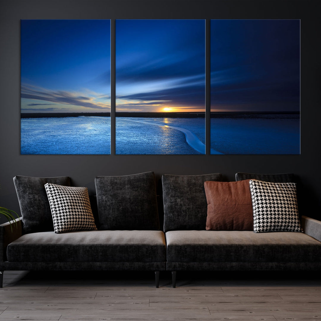 Blue Sunset over the Horizon Nautical Landscape Ocean Canvas Wall Art Print