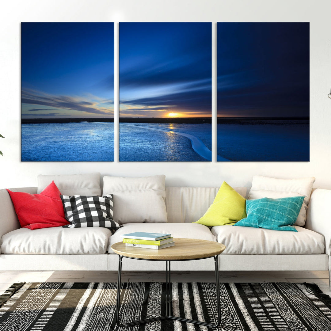 Blue Sunset over the Horizon Nautical Landscape Ocean Canvas Wall Art Print