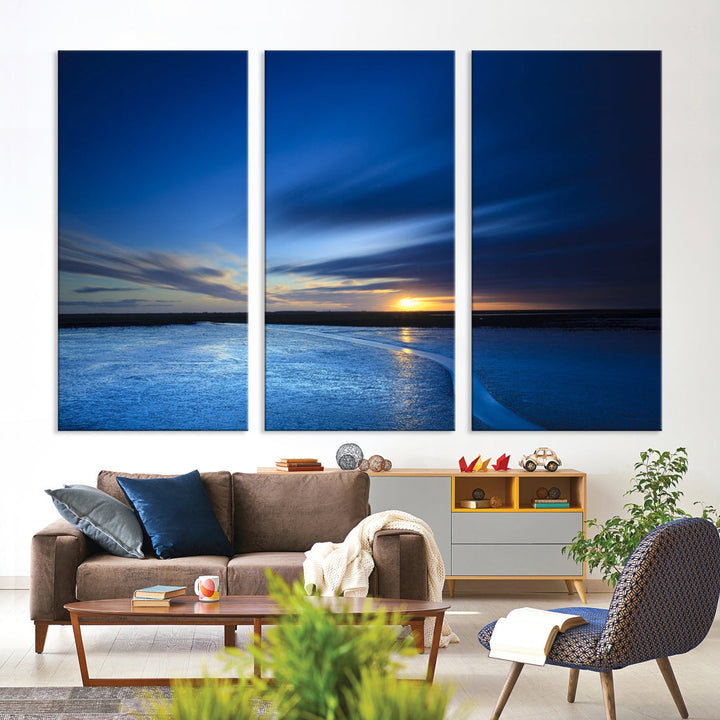 Blue Sunset over the Horizon Nautical Landscape Ocean Canvas Wall Art Print