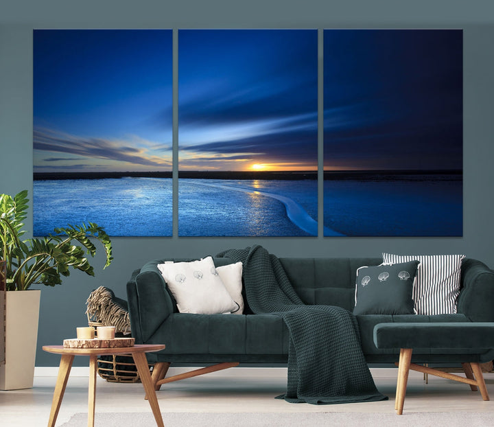 Blue Sunset over the Horizon Nautical Landscape Ocean Canvas Wall Art Print