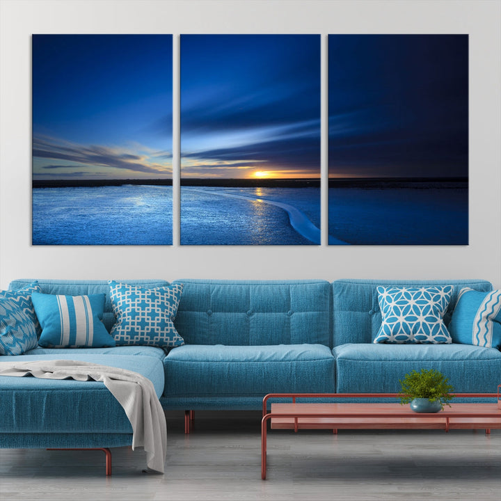 Blue Sunset over the Horizon Nautical Landscape Ocean Canvas Wall Art Print