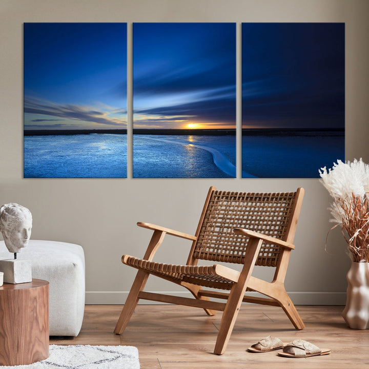 Blue Sunset over the Horizon Nautical Landscape Ocean Canvas Wall Art Print